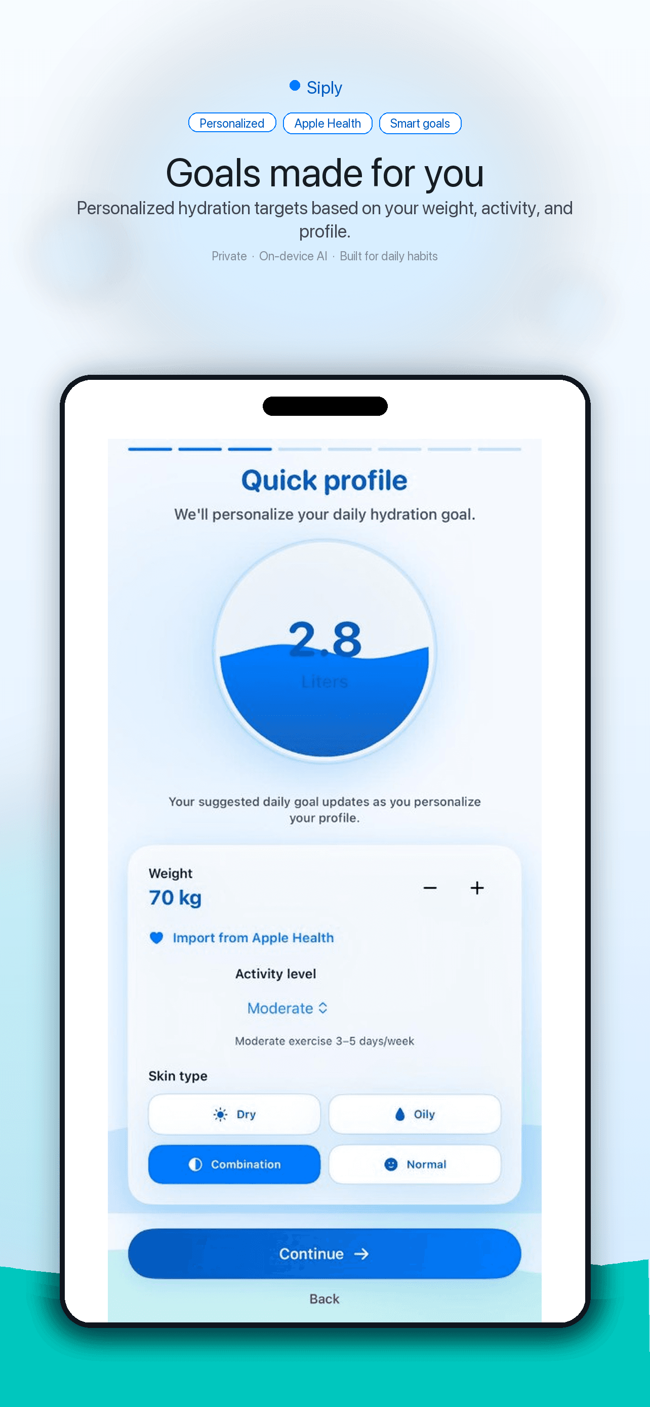 Siply quick profile setup screen