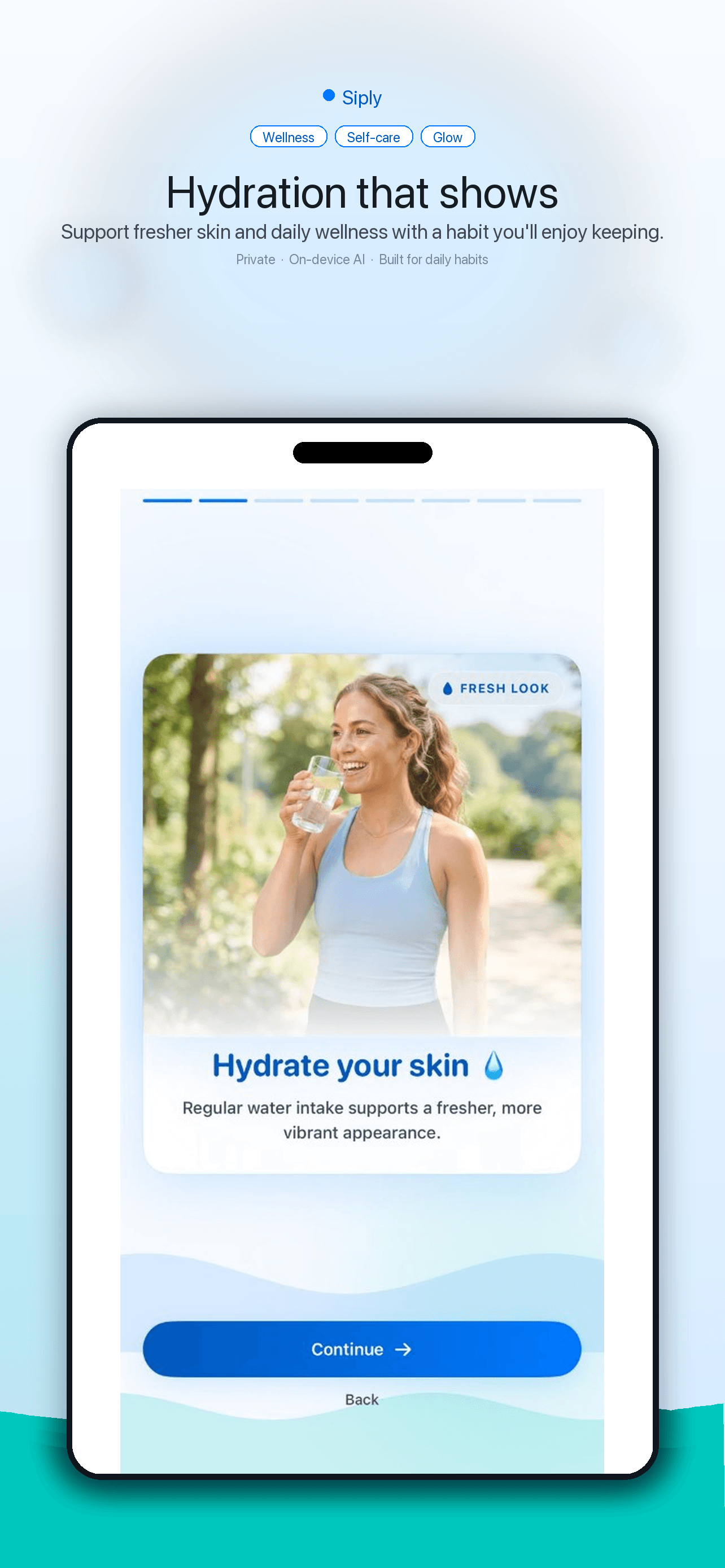 Siply marketing screen about skin hydration benefits