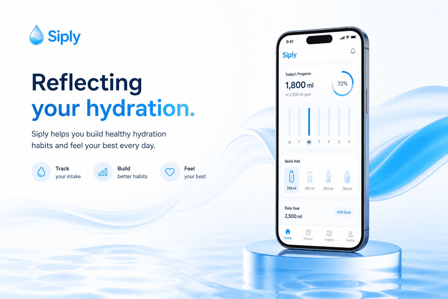 Siply hydration app on a smartphone with soft water reflections