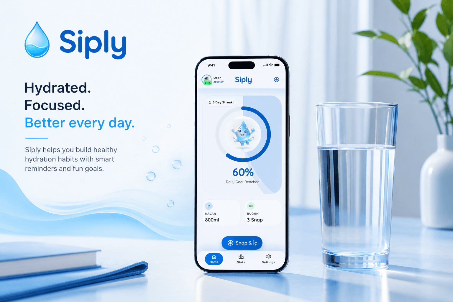 Siply brand board combining app UI, water glass, and lifestyle