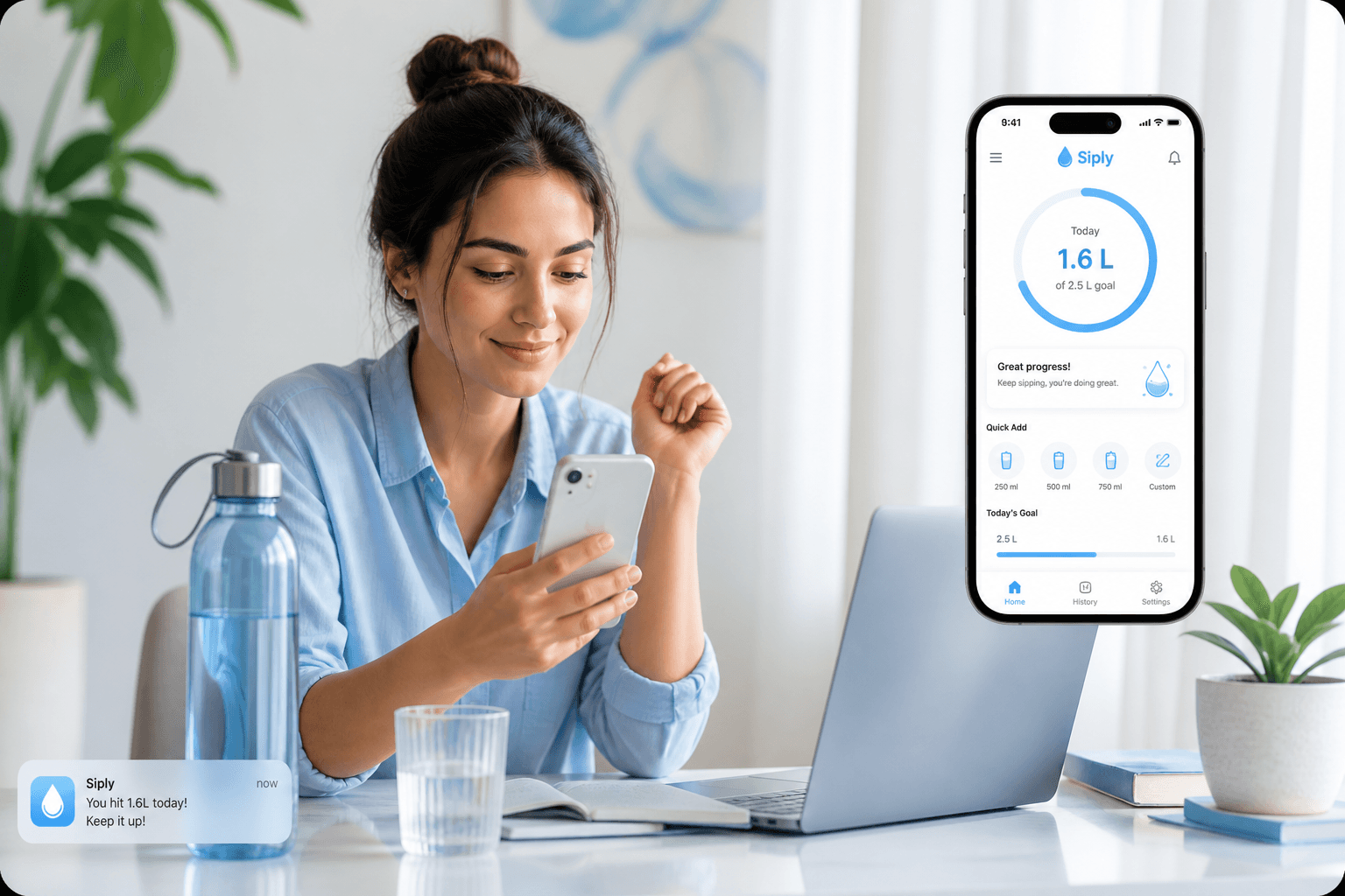 Workday hydration routine with Siply and a water glass