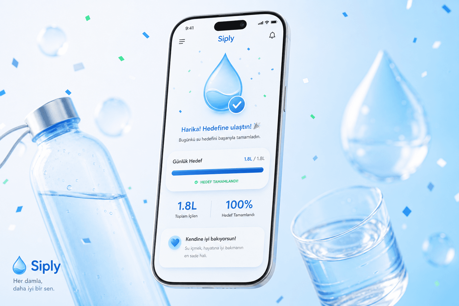Siply app celebrating a completed daily hydration goal