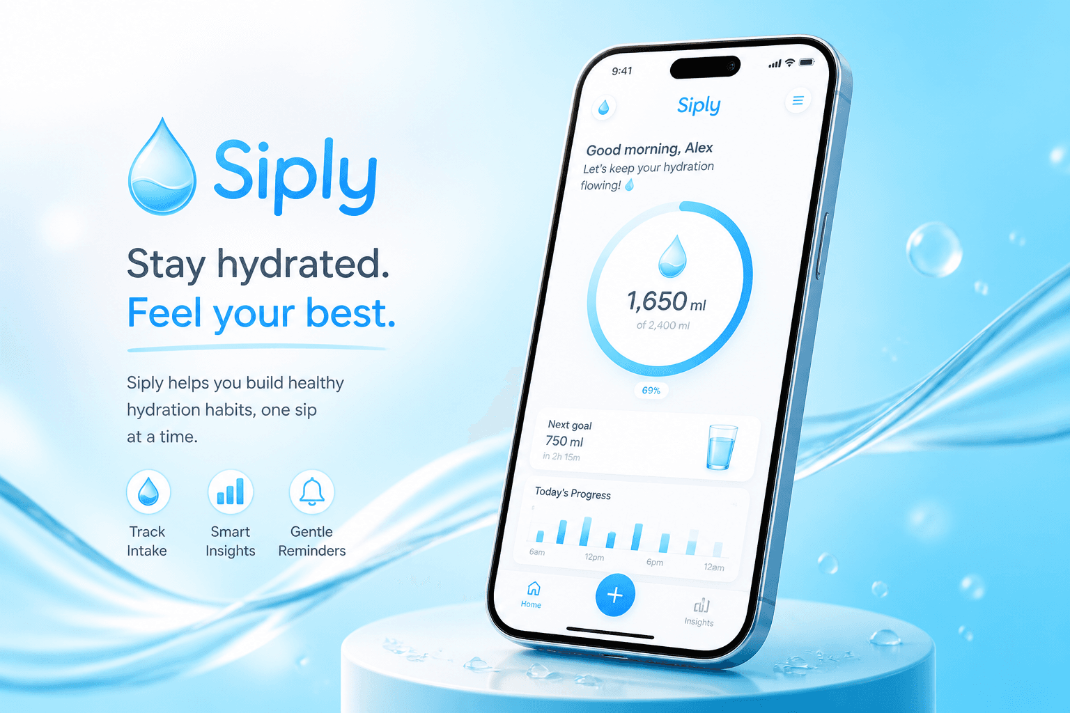 Siply premium brand hero with smartphone and soft water aesthetic