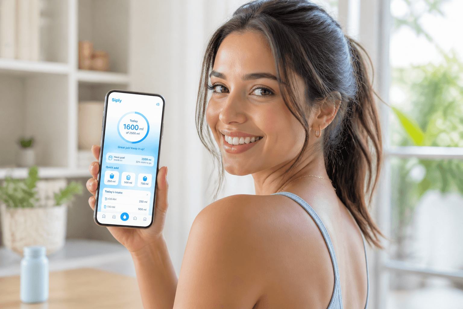 Young woman using Siply hydration app on her phone
