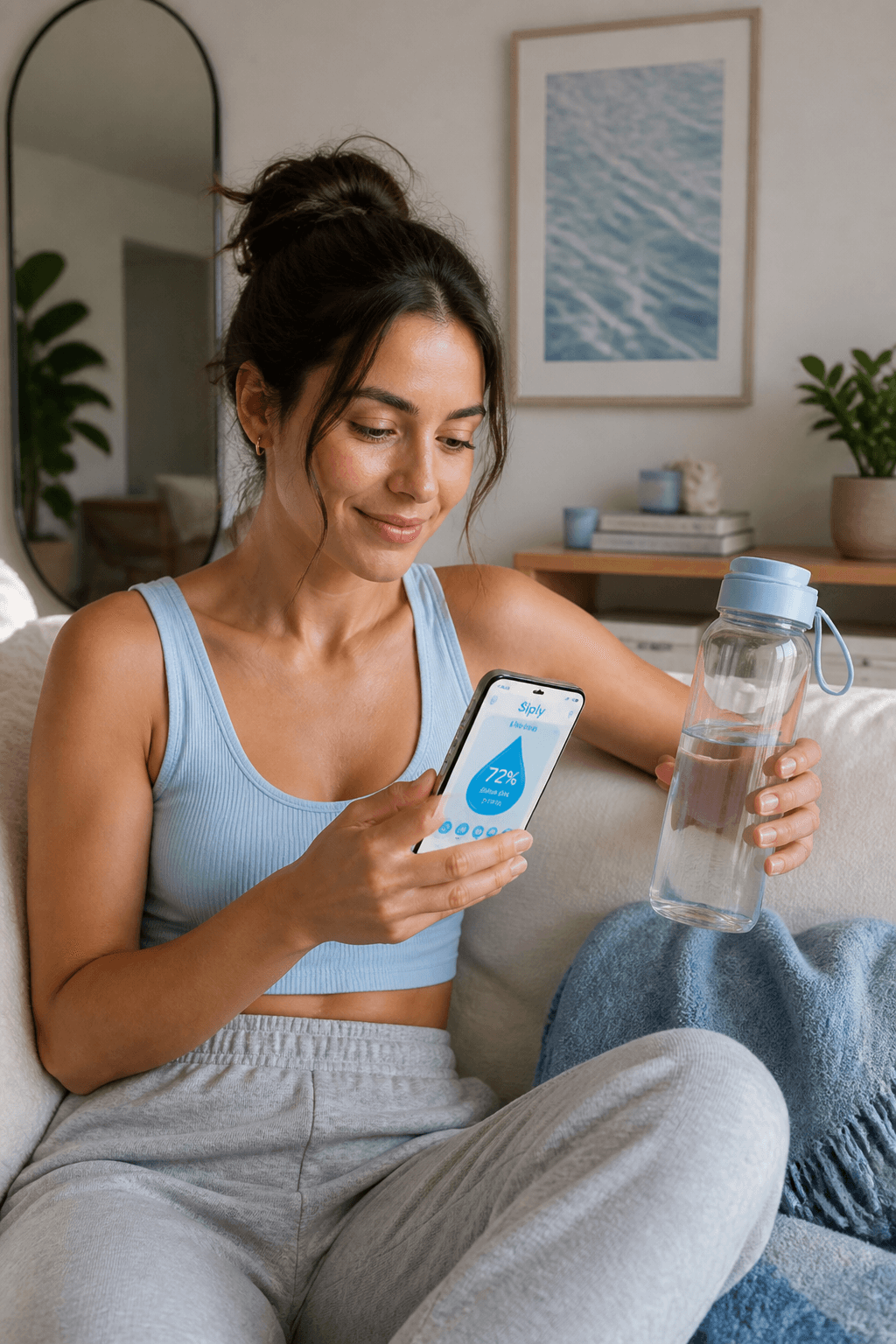 Vertical lifestyle social content showing hydration with Siply