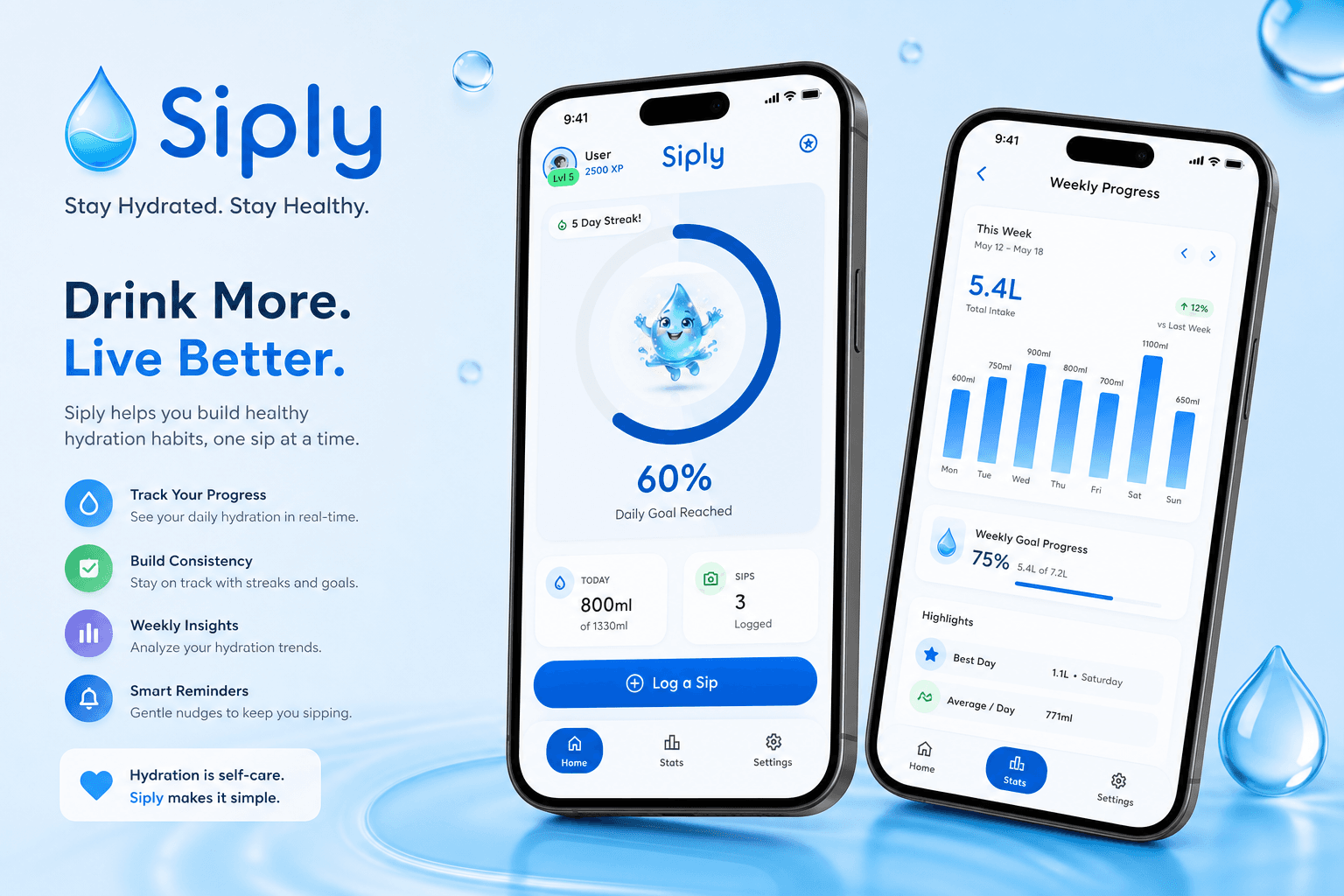Floating phone mockups showing Siply hydration UI